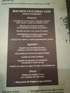 carta 2 restaurante la Filoxera Zaragoza