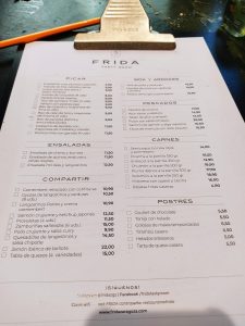 carta restaurante Frida Zaragoza